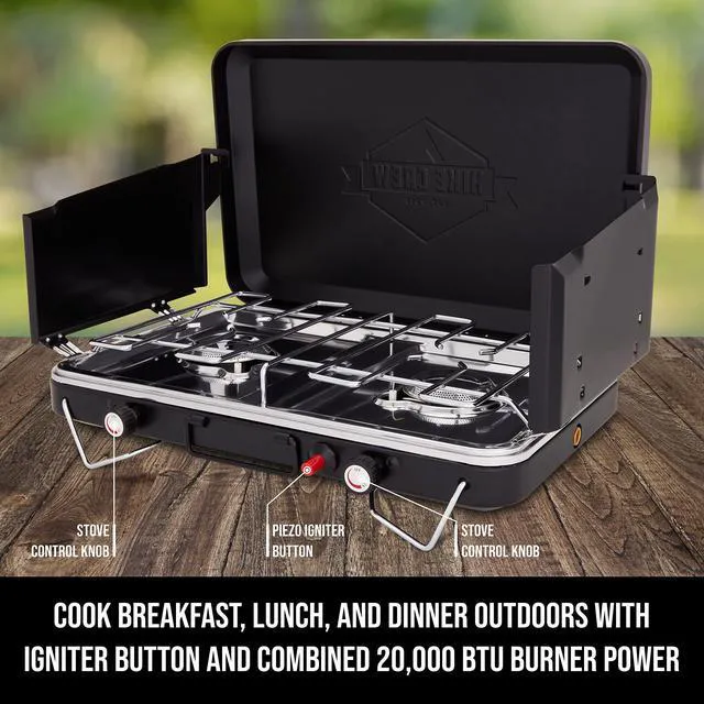 Alt view image 3 of 6 - Hike Crew Gas Camping Stove | 20,000 BTU Portable Propane 2 Burner Stovetop | Integrated Igniter & Stainless Steel Drip Tray | Built-in Carrying Handle, Foldable Legs, Wind Panels | Includes Regulator