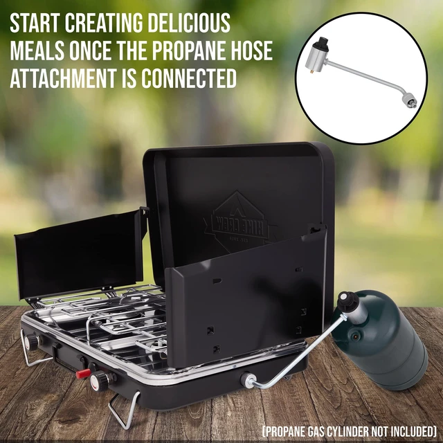 Alt view image 5 of 6 - Hike Crew Gas Camping Stove | 20,000 BTU Portable Propane 2 Burner Stovetop | Integrated Igniter & Stainless Steel Drip Tray | Built-in Carrying Handle, Foldable Legs, Wind Panels | Includes Regulator