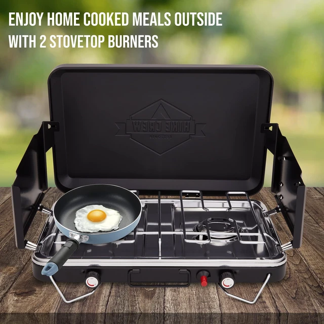 Alt view image 4 of 6 - Hike Crew Gas Camping Stove | 20,000 BTU Portable Propane 2 Burner Stovetop | Integrated Igniter & Stainless Steel Drip Tray | Built-in Carrying Handle, Foldable Legs, Wind Panels | Includes Regulator