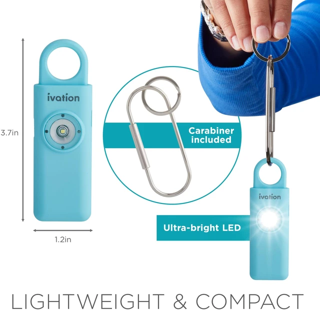 Alt view image 5 of 7 - Ivation Personal Rechargeable SOS Alarm, Pocket Size Loud 130dB Sound Safety Siren & LED Panic Strobe Light with Carabiner Keychain Clip for Women, Children & Seniors, Aqua