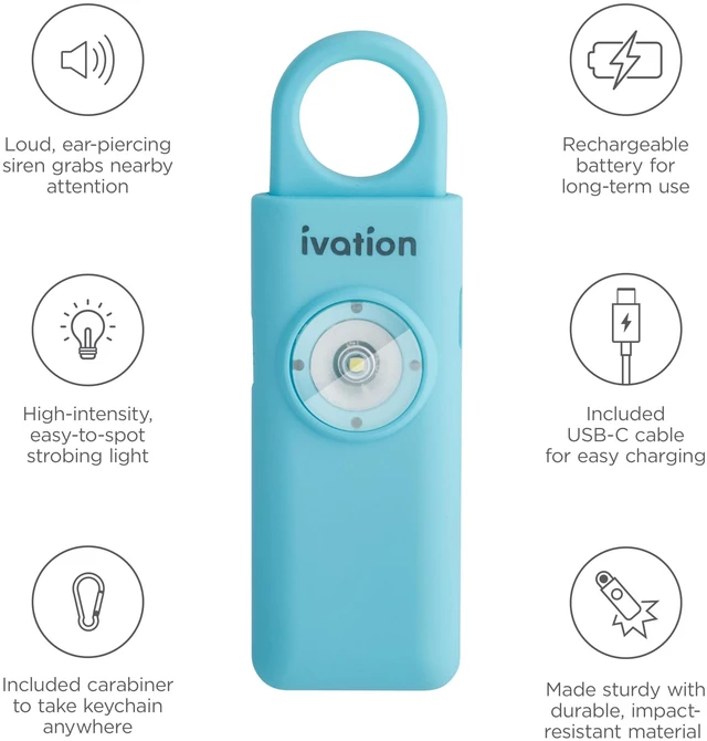 Alt view image 6 of 7 - Ivation Personal Rechargeable SOS Alarm, Pocket Size Loud 130dB Sound Safety Siren & LED Panic Strobe Light with Carabiner Keychain Clip for Women, Children & Seniors, Aqua