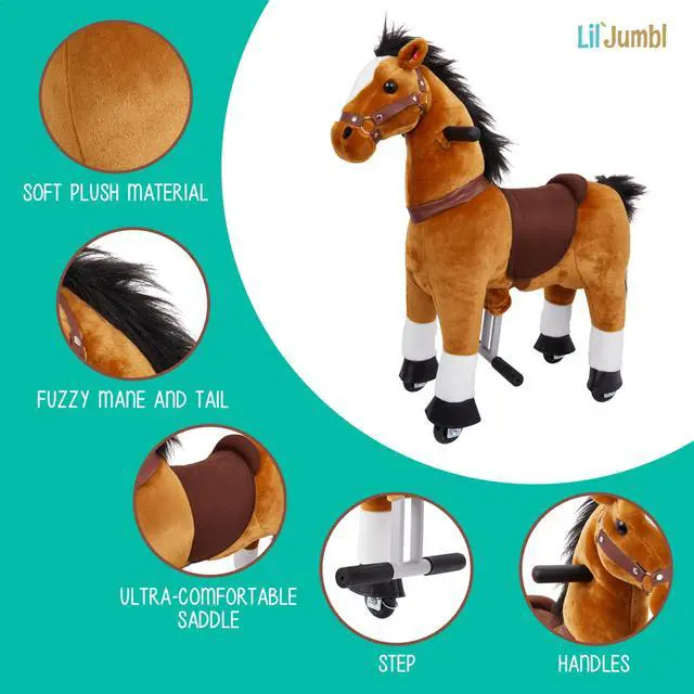 Alt view image 2 of 7 - Lil' Jumbl Small Ride on Horse, Kids Ride on Toy with Realistic Sounds & Rolling Wheels (Brown)