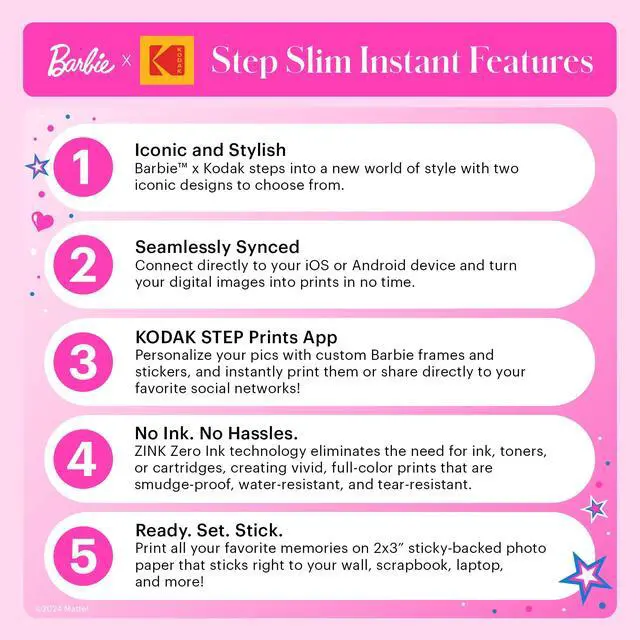 Alt view image 5 of 7 - Barbie x Kodak Step Slim Wireless Instant Portable Photo Printer, 2x3" Full Color Portable Printer