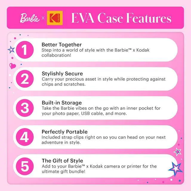 Alt view image 6 of 6 - Barbie x Kodak EVA Travel Case with Removable Strap, Built-in Mesh Pocket Stores Zink Paper & More!