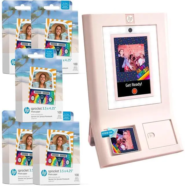 Main image of HP Sprocket Photobooth 3x4" Photo Printer (Pink) Bundle w/3.5 x 4.25 Zink Photo Paper (500 Sheets)
