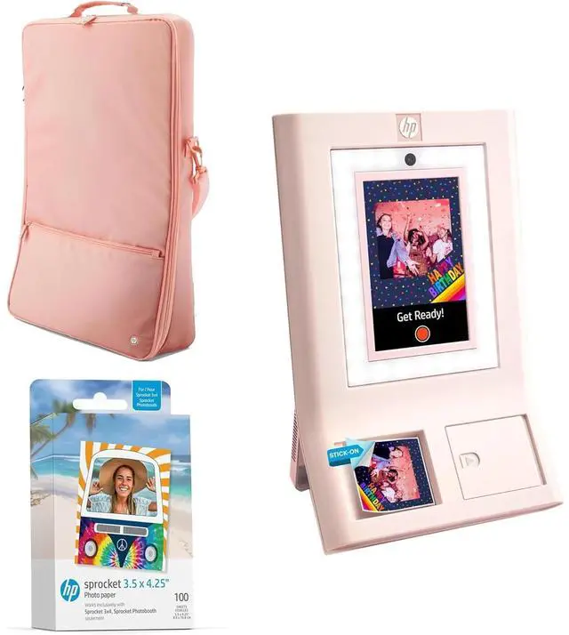 Main image of HP Sprocket Photobooth 3x4 Photo Printer (Pink) Bundle with Zink Paper (100 Sheets) & Carrying Case