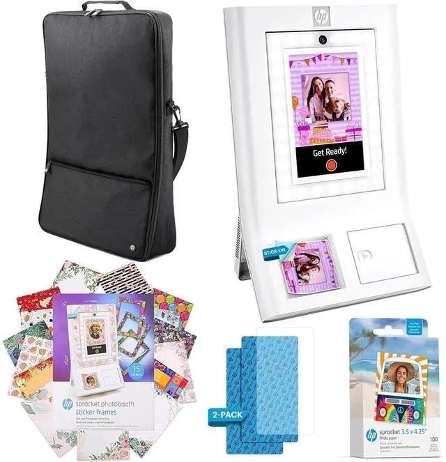 Main image of HP Sprocket Photobooth 3x4" Photo Printer (Pink) Bundle w/Zink Paper, Case, Screen Protector & More White