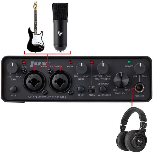 Alt view image 7 of 7 - LyxPro 2x2 USB Audio Interface with Asio Driver, Software, LyxPro Studio Monitors & Isolation Shield