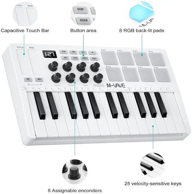 Alt view image 6 of 6 - M-WAVE MIDI Keyboard Bluetooth - 25-Key Pad Controller with Drum Pads, Knobs, Software Included