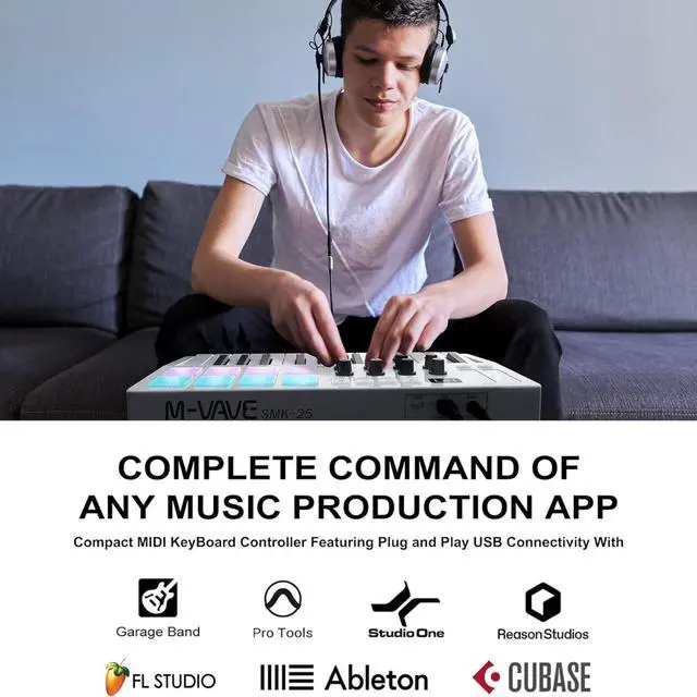 Alt view image 2 of 6 - M-WAVE MIDI Keyboard Bluetooth - 25-Key Pad Controller with Drum Pads, Knobs, Software Included