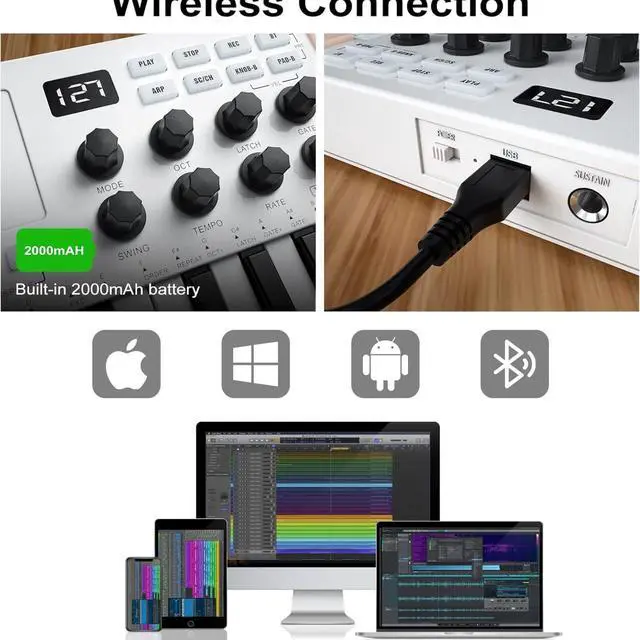 Alt view image 5 of 6 - M-WAVE MIDI Keyboard Bluetooth - 25-Key Pad Controller with Drum Pads, Knobs, Software Included