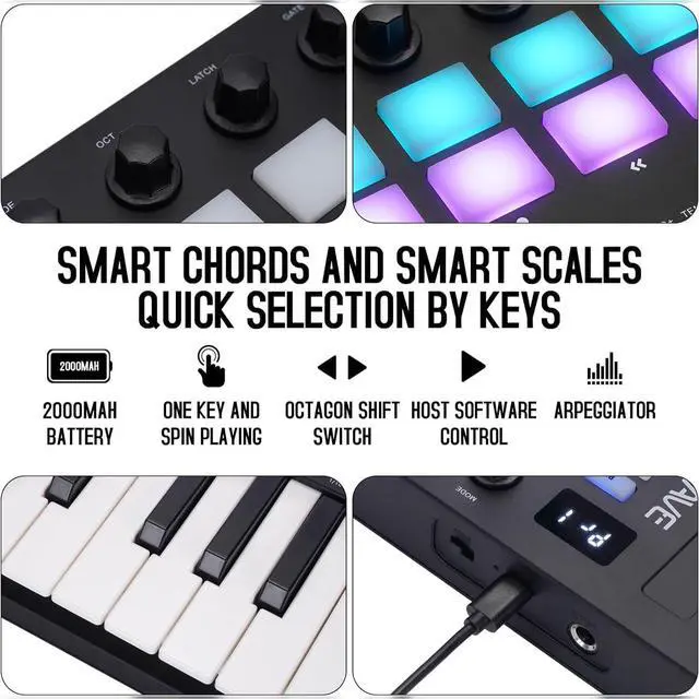 Alt view image 2 of 5 - M-WAVE MIDI Keyboard Controller - USB Bluetooth - 25 Key, 16 Pads, Knobs, DAW Compatible