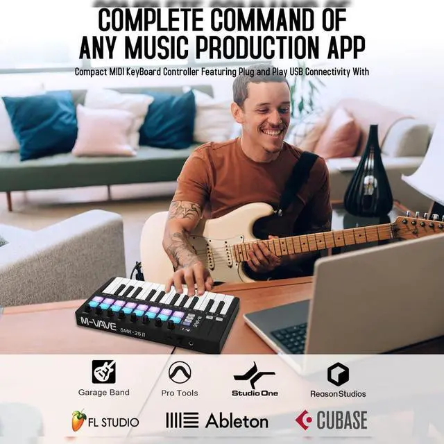 Alt view image 3 of 5 - M-WAVE MIDI Keyboard Controller - USB Bluetooth - 25 Key, 16 Pads, Knobs, DAW Compatible