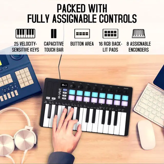 Alt view image 4 of 5 - M-WAVE MIDI Keyboard Controller - USB Bluetooth - 25 Key, 16 Pads, Knobs, DAW Compatible