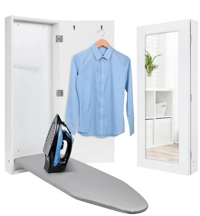 Main image of Ivation Wall-Mounted Ironing Board Cabinet With Mirror, Foldable Ironing Storage Station for Home, Apartment , Easy-Release Lever, Garment Hooks, White