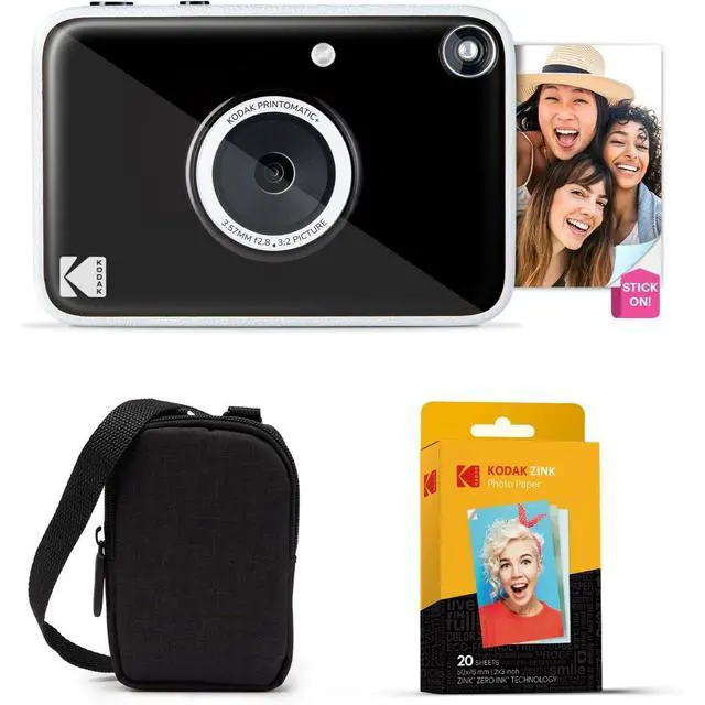 Main image of KODAK Printomatic+ Instant Print Digital Camera Starter Bundle + Carrying Case + Zink 20pk Sticky-Back Photo Paper - 10MP, Full-Color Photos, RGB LED Status Indicator - Black
