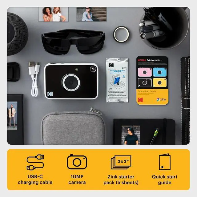 Alt view image 2 of 7 - KODAK Printomatic+ Instant Print Digital Camera Starter Bundle + Carrying Case + Zink 20pk Sticky-Back Photo Paper - 10MP, Full-Color Photos, RGB LED Status Indicator - Black