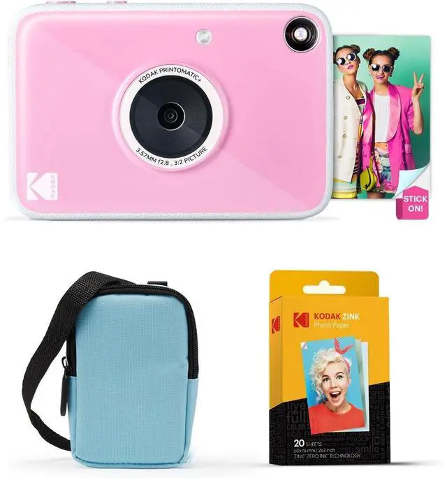 Main image of KODAK Printomatic+ Instant Print Digital Camera Starter Bundle + Carrying Case (Blue) + Zink 20pk Sticky-Back Photo Paper - 10MP, Full-Color Photos, RGB LED Status Indicator - Pink