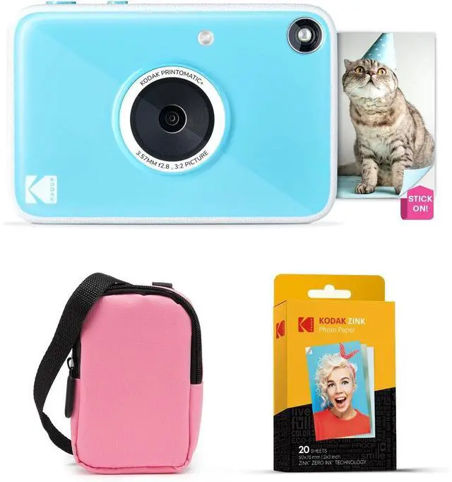 Main image of KODAK Printomatic+ Instant Print Digital Camera Starter Bundle + Carrying Case (Pink) + Zink 20pk Sticky-Back Photo Paper - 10MP, Full-Color Photos, RGB LED Status Indicator - Blue