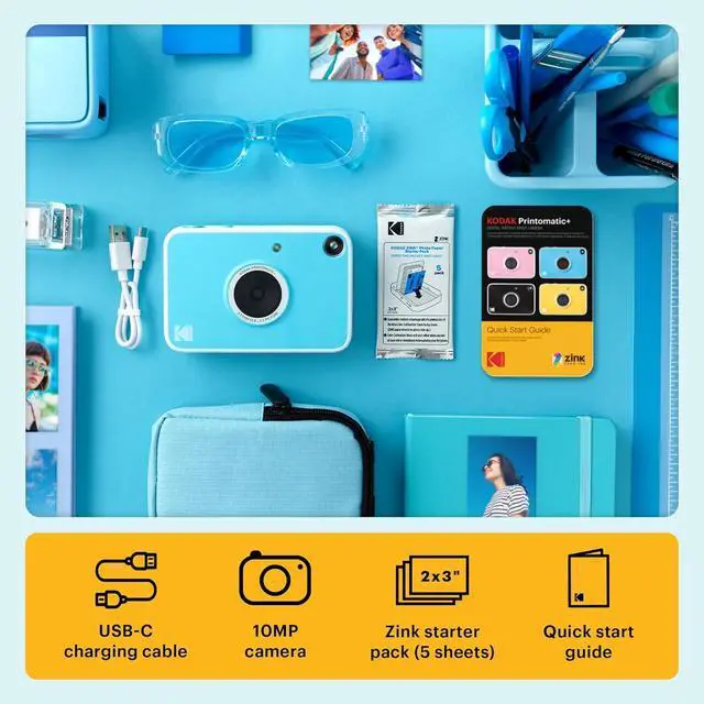Alt view image 7 of 7 - KODAK Printomatic+ Instant Print Digital Camera Starter Bundle + Carrying Case (Pink) + Zink 20pk Sticky-Back Photo Paper - 10MP, Full-Color Photos, RGB LED Status Indicator - Blue