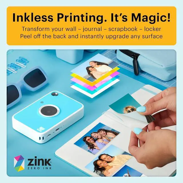 Alt view image 4 of 7 - KODAK Printomatic+ Instant Print Digital Camera Starter Bundle + Carrying Case (Pink) + Zink 20pk Sticky-Back Photo Paper - 10MP, Full-Color Photos, RGB LED Status Indicator - Blue