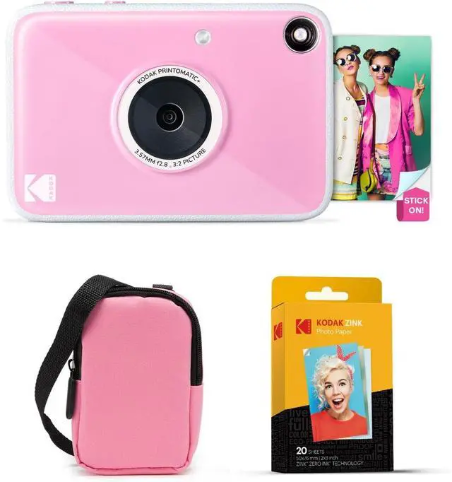 Main image of KODAK Printomatic+ Instant Print Digital Camera Starter Bundle + Carrying Case (Pink) + Zink 20pk Sticky-Back Photo Paper - 10MP, Full-Color Photos, RGB LED Status Indicator - Pink