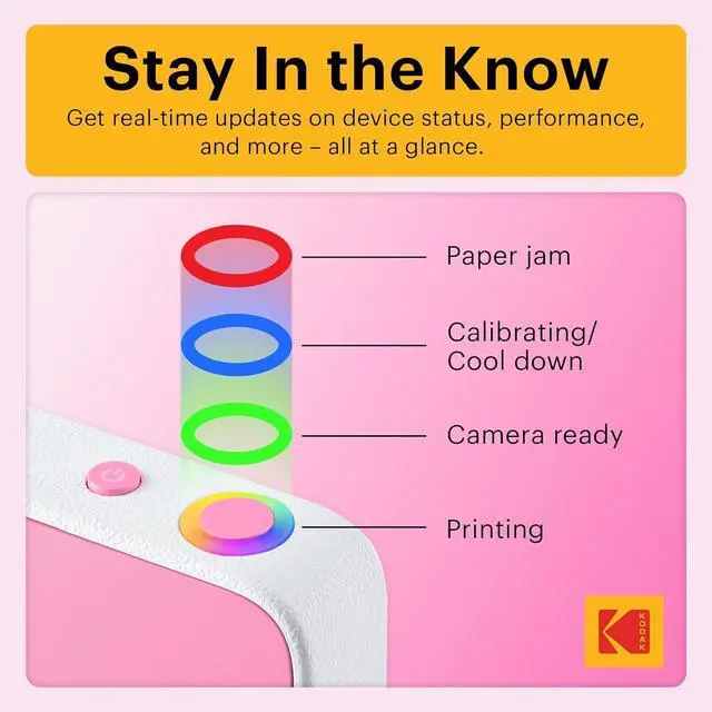 Alt view image 5 of 6 - KODAK Printomatic+ Instant Print Digital Camera Starter Bundle + Carrying Case (Pink) + Zink 20pk Sticky-Back Photo Paper - 10MP, Full-Color Photos, RGB LED Status Indicator - Pink