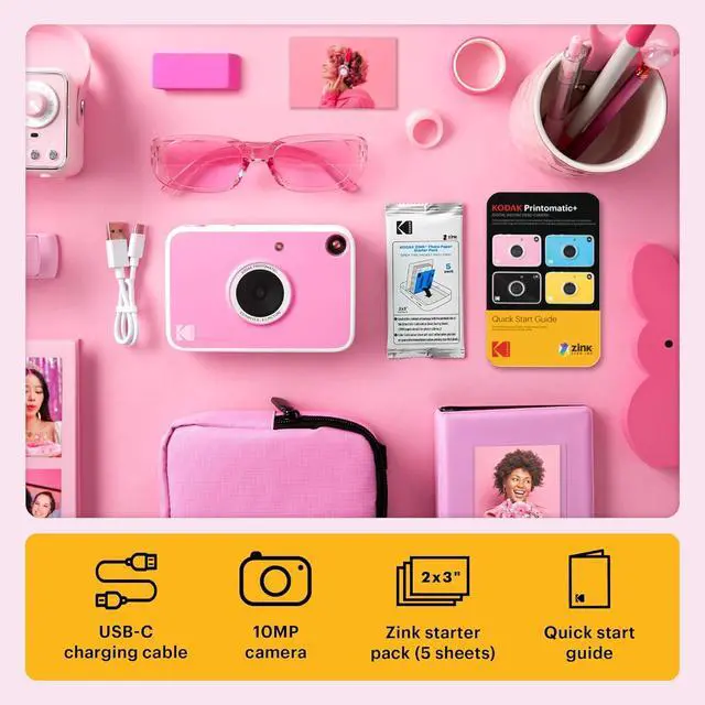Alt view image 2 of 7 - KODAK Printomatic+ Full Color Instant Print Digital Camera Gift Bundle + Case + Zink 2x3" Sticky Back Photo Paper 20pk + Album + Sticker Sets + Sticker Frames + Hanging Frames + Markers - Pink