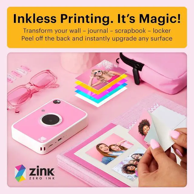 Alt view image 3 of 7 - KODAK Printomatic+ Full Color Instant Print Digital Camera Gift Bundle + Case + Zink 2x3" Sticky Back Photo Paper 20pk + Album + Sticker Sets + Sticker Frames + Hanging Frames + Markers - Pink