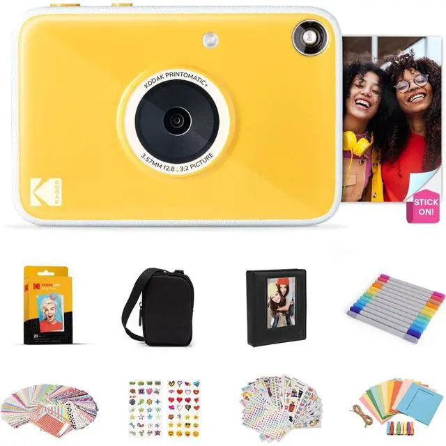Main image of KODAK Printomatic+ Full Color Instant Print Digital Camera Gift Bundle + Case + Zink 2x3" Sticky Back Photo Paper 20pk + Album + Sticker Sets + Sticker Frames + Hanging Frames + Markers - Yellow