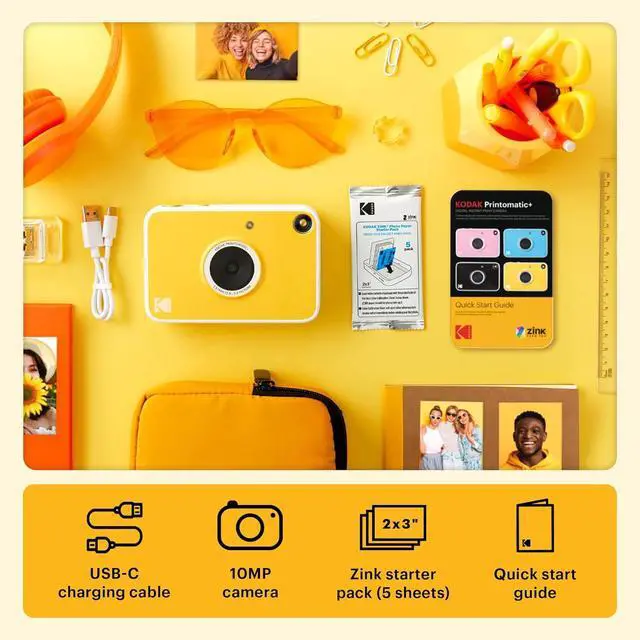 Alt view image 7 of 7 - KODAK Printomatic+ Full Color Instant Print Digital Camera Gift Bundle + Case + Zink 2x3" Sticky Back Photo Paper 20pk + Album + Sticker Sets + Sticker Frames + Hanging Frames + Markers - Yellow