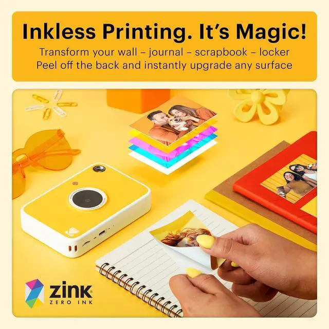 Alt view image 5 of 7 - KODAK Printomatic+ Full Color Instant Print Digital Camera Gift Bundle + Case + Zink 2x3" Sticky Back Photo Paper 20pk + Album + Sticker Sets + Sticker Frames + Hanging Frames + Markers - Yellow