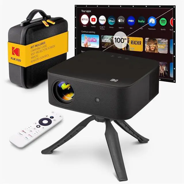 Main image of Kodak FLIK X20 Full HD Smart Projector Kit with 100" Screen, Tripod, Remote, Wi-Fi, EVA Case (Black)