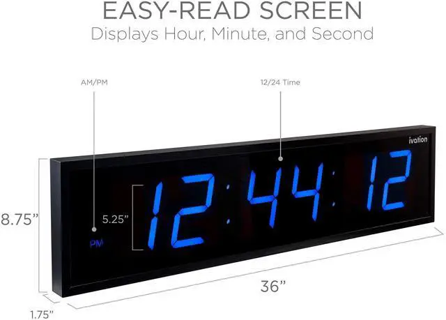 Alt view image 3 of 7 - Ivation Huge 36" Inch Large Big Oversized Digital LED Clock with Stopwatch, Alarms, Countdown Timer & Temp - Shelf or Wall Mount (Blue) | 6-Level Brightness, Mounting Holes & Hardware