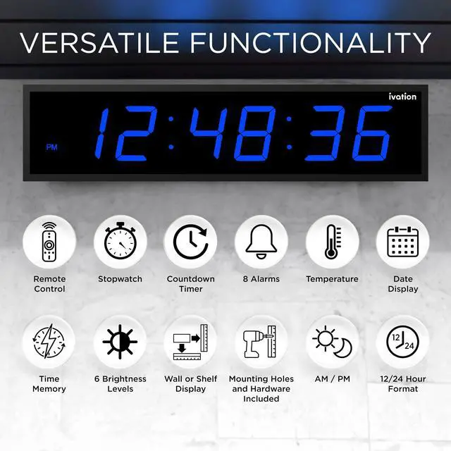 Alt view image 7 of 7 - Ivation Huge 36" Inch Large Big Oversized Digital LED Clock with Stopwatch, Alarms, Countdown Timer & Temp - Shelf or Wall Mount (Blue) | 6-Level Brightness, Mounting Holes & Hardware