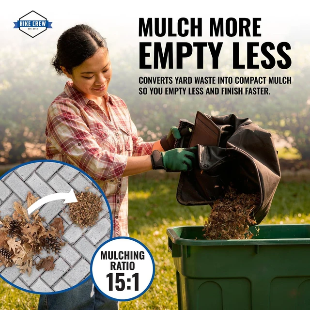 Alt view image 5 of 6 - Hike Crew Leaf Vacuum Mulcher for 1500 Sq Ft Driveways, Outdoor Shredder w/10-Gallon Bag & 15:1 Ratio