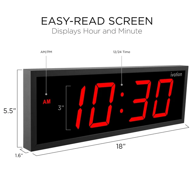 Alt view image 2 of 6 - Ivation 18" Digital Wall Clock, Big LED Display, Timer, Alarms, Auto Brightness, Remote