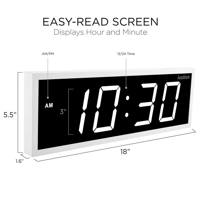 Alt view image 2 of 6 - Ivation 18" Digital Wall Clock, Big LED Display, Timer, Alarms, Auto Brightness, Remote White