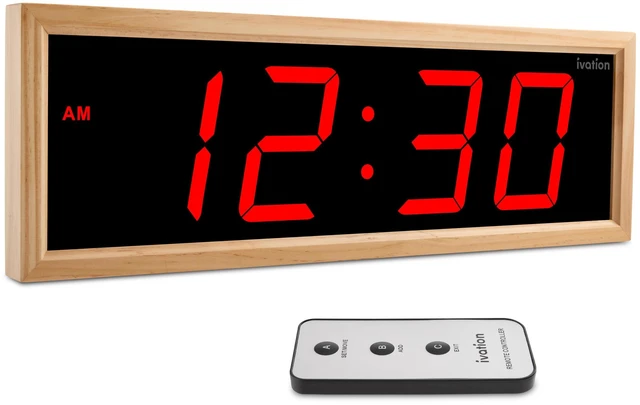 Main image of Ivation Digital Wall Clock, 18" LED Display, Natural Wood Frame, Auto Dimming, Remote