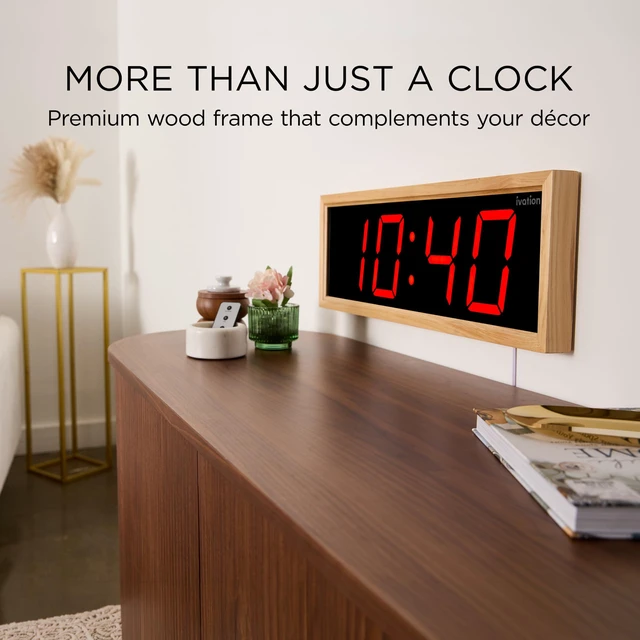 Alt view image 3 of 7 - Ivation Digital Wall Clock, 18" LED Display, Natural Wood Frame, Auto Dimming, Remote
