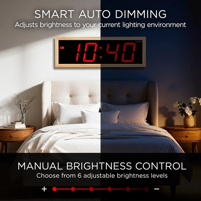 Alt view image 4 of 7 - Ivation Digital Wall Clock, 18" LED Display, Natural Wood Frame, Auto Dimming, Remote