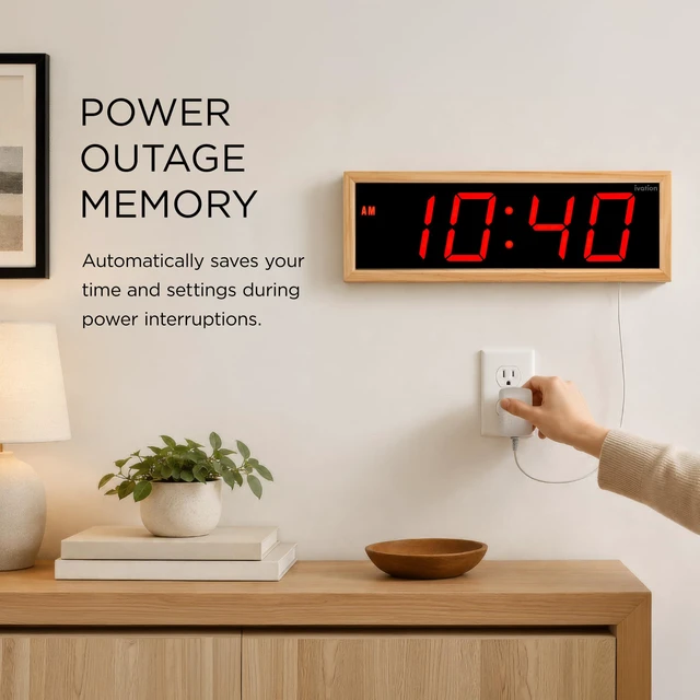 Alt view image 6 of 7 - Ivation Digital Wall Clock, 18" LED Display, Natural Wood Frame, Auto Dimming, Remote