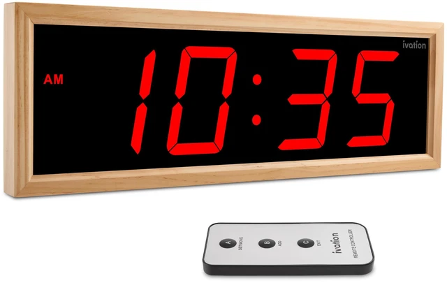Main image of Ivation Digital Wall Clock, 24" LED Display, Natural Wood Frame, Auto Dimming, Remote