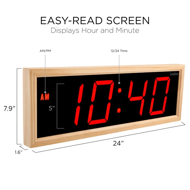 Alt view image 2 of 7 - Ivation Digital Wall Clock, 24" LED Display, Natural Wood Frame, Auto Dimming, Remote