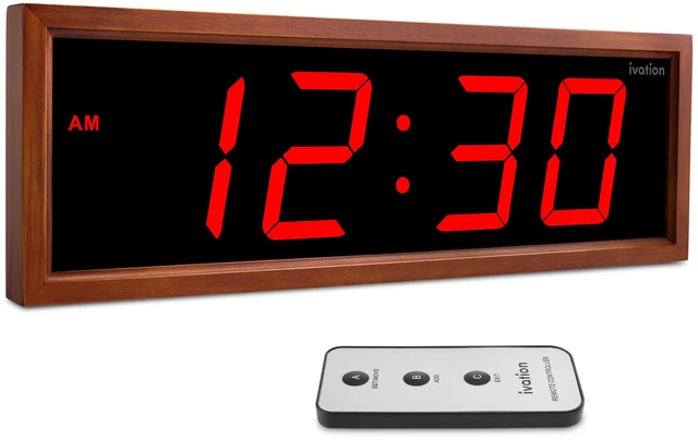 Main image of Ivation Digital Wall Clock, 18" LED Display, Brown Wood Frame, Auto Dimming, Remote