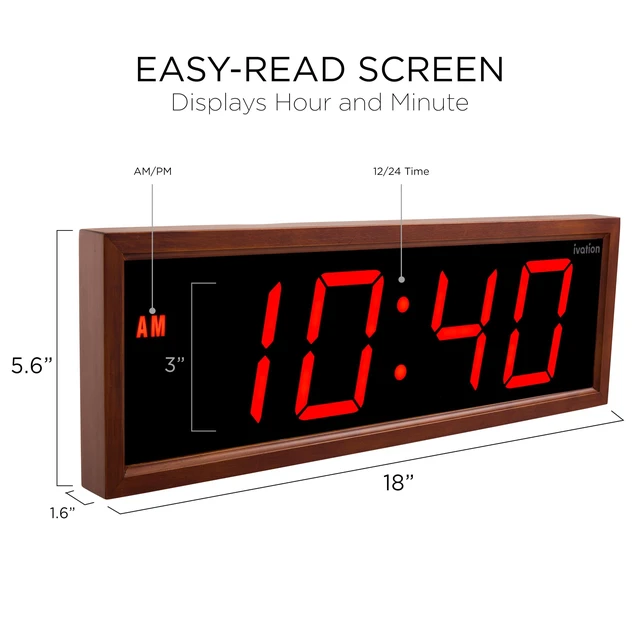 Alt view image 2 of 7 - Ivation Digital Wall Clock, 18" LED Display, Brown Wood Frame, Auto Dimming, Remote