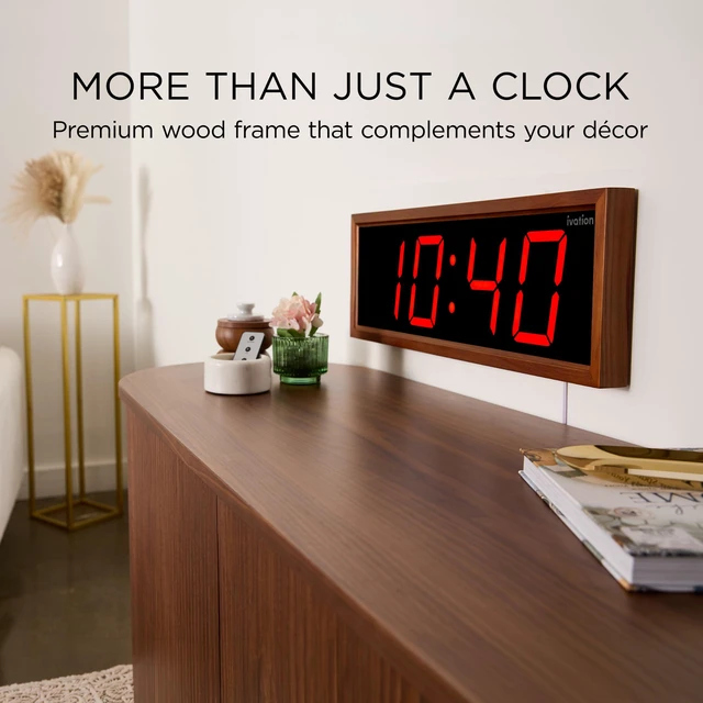 Alt view image 3 of 7 - Ivation Digital Wall Clock, 18" LED Display, Brown Wood Frame, Auto Dimming, Remote