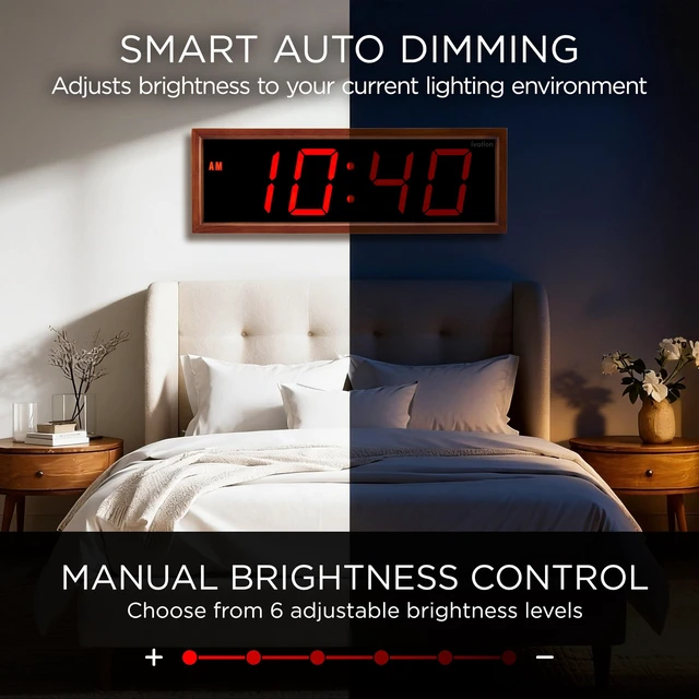 Alt view image 4 of 7 - Ivation Digital Wall Clock, 18" LED Display, Brown Wood Frame, Auto Dimming, Remote