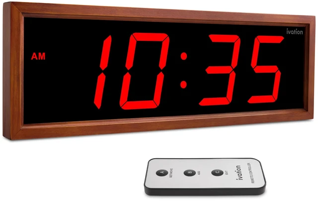 Main image of Ivation Digital Wall Clock, 24" LED Display, Brown Wood Frame, Auto Dimming, Remote