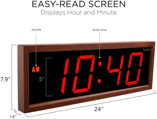 Alt view image 2 of 6 - Ivation Digital Wall Clock, 24" LED Display, Brown Wood Frame, Auto Dimming, Remote
